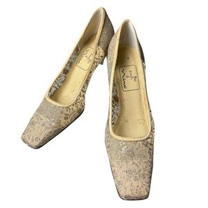 Touch of Nina Sheer Gold Feil Pumps Crystal Glitter Block Short Heel Shoes 9M